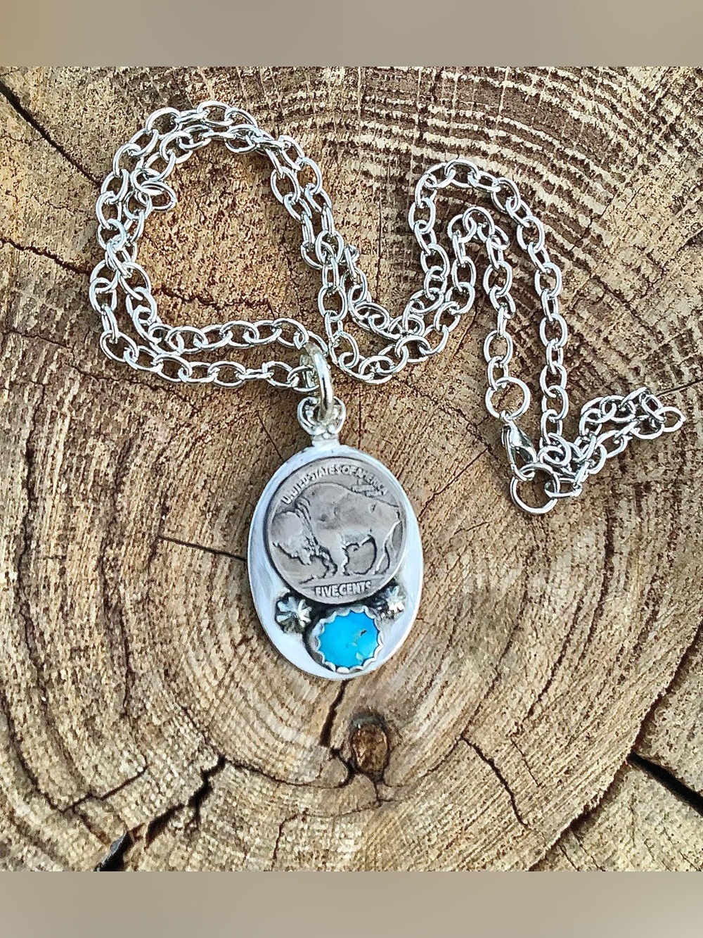 Handmade Silver Buffalo Nickel Necklace with Turquoise